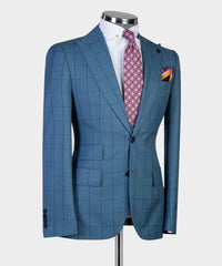 Gordon Trendy Blue Plaid Slim Fit Peak Lapel Three-Piece Men’s Suits