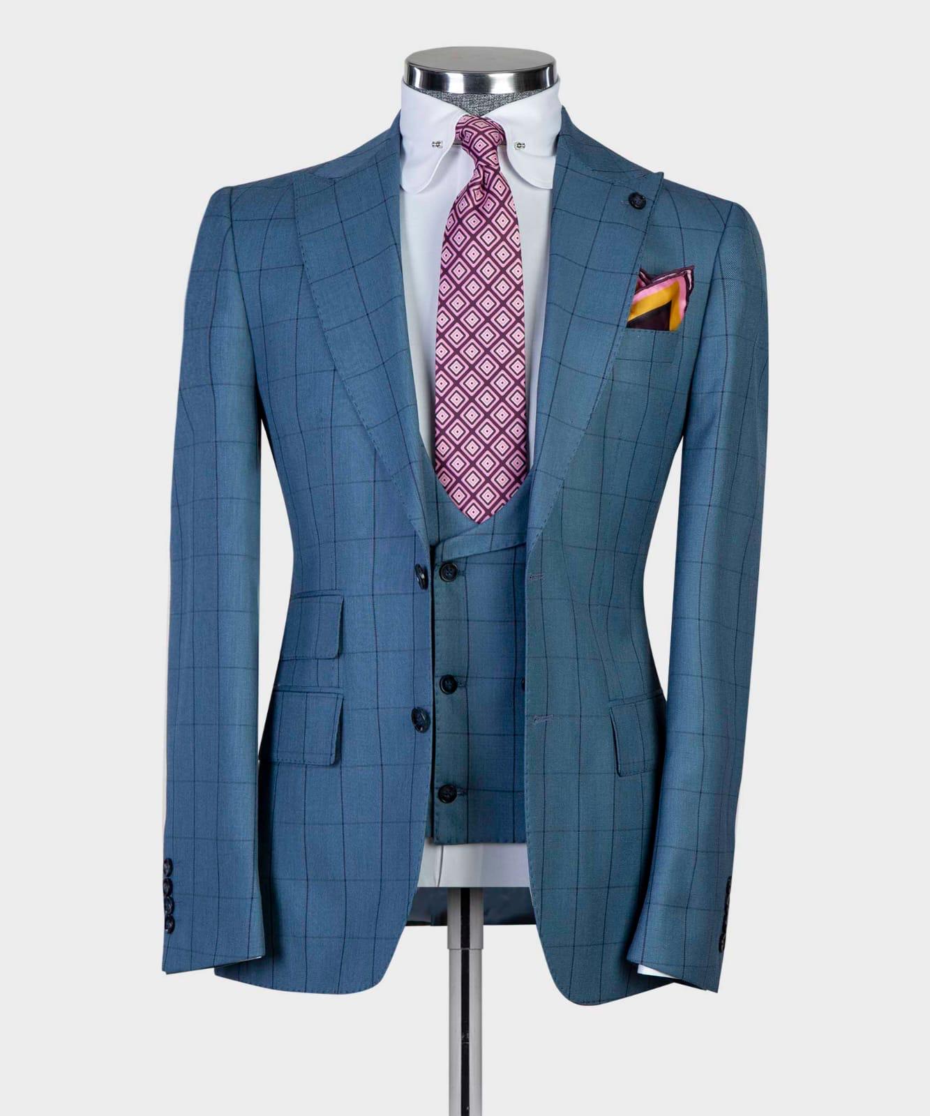 Gordon Trendy Blue Plaid Slim Fit Peak Lapel Three-Piece Men’s Suits