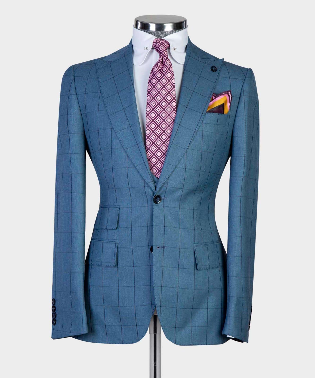 Gordon Trendy Blue Plaid Slim Fit Peak Lapel Three-Piece Men’s Suits