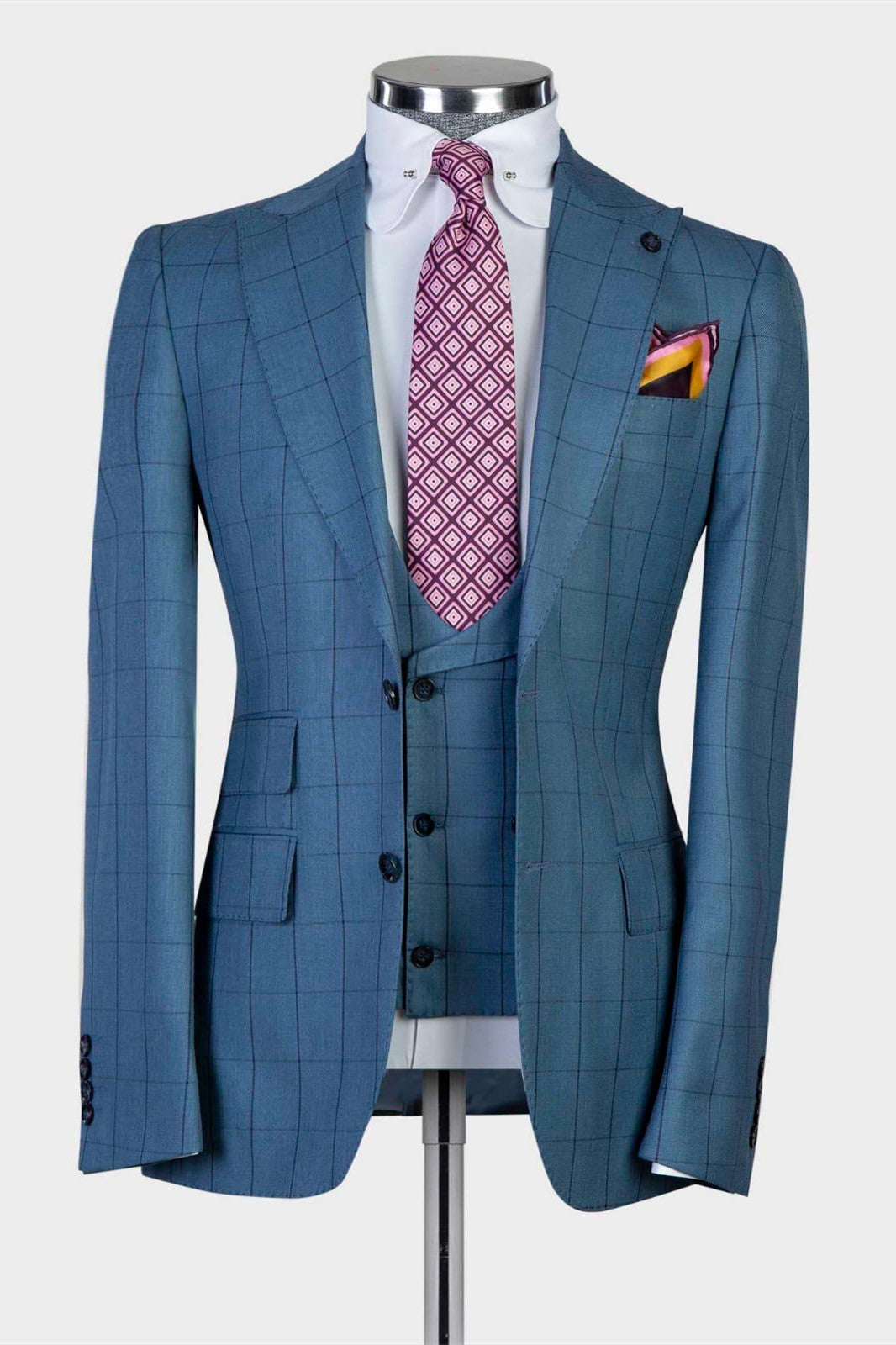 Gordon Trendy Blue Plaid Slim Fit Peak Lapel Three-Piece Men’s Suits