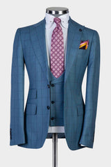 Gordon Trendy Blue Plaid Slim Fit Peak Lapel Three-Piece Men’s Suits