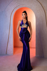 Gorgeous Column V-neck  Sleeveless Appliques Satin Prom Dress