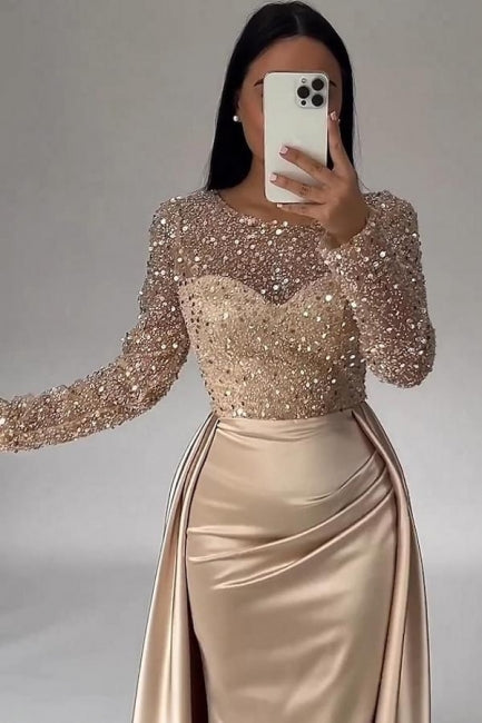 Gorgeous Long A-line Beading Sequined Prom Dresses with Long Sleeves