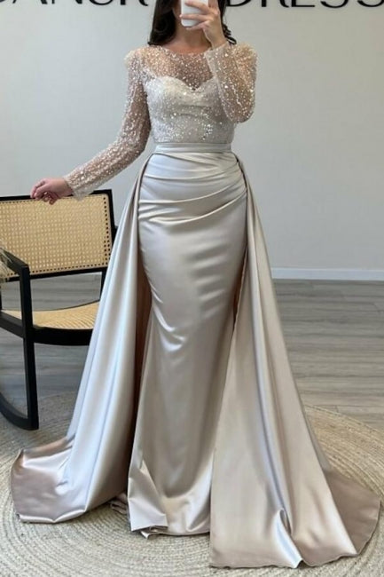 Gorgeous Long A-line Beading Sequined Prom Dresses with Long Sleeves