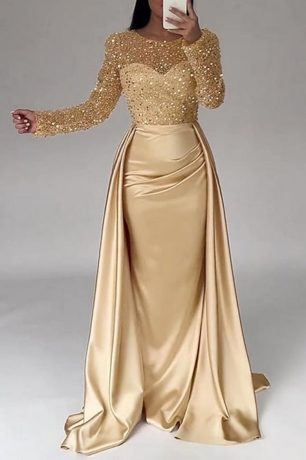 Gorgeous Long A-line Beading Sequined Prom Dresses with Long Sleeves