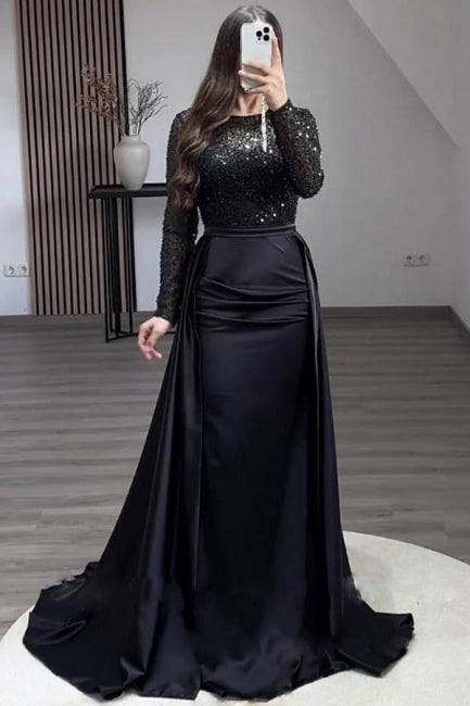 Gorgeous Long A-line Beading Sequined Prom Dresses with Long Sleeves