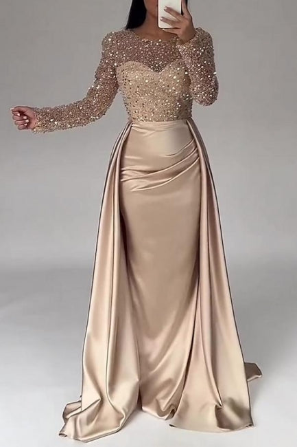 Gorgeous Long A-line Beading Sequined Prom Dresses with Long Sleeves