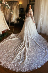 Gorgeous Long A-line V-neck Long Sleeves Lace Wedding Dresses with Train