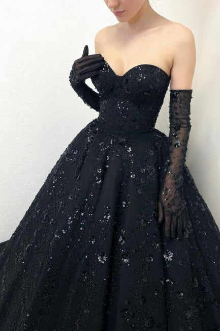 Gorgeous Long Black A-line Sweetheart Lace Laced-up Prom Dress