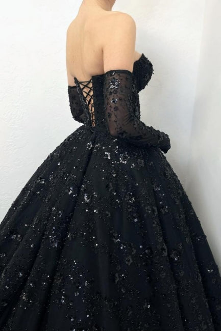 Gorgeous Long Black A-line Sweetheart Lace Laced-up Prom Dress