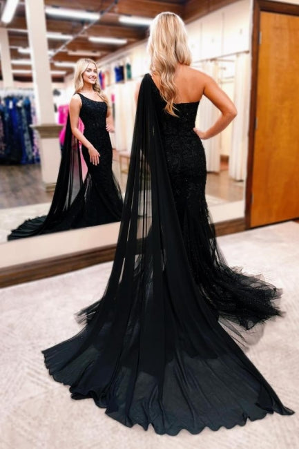 Gorgeous Long Black One Shoulder Mermaid Glitter Prom Dress With Lace