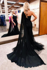 Gorgeous Long Black One Shoulder Mermaid Glitter Prom Dress With Lace