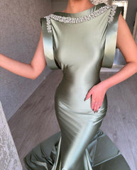 Gorgeous Long Dusty Sage Mermaid Sleeveless Satin Prom Dress With Rhinestones