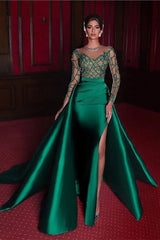 Gorgeous Long Emerald Beading Lace Split Prom dress With Long Sleeves