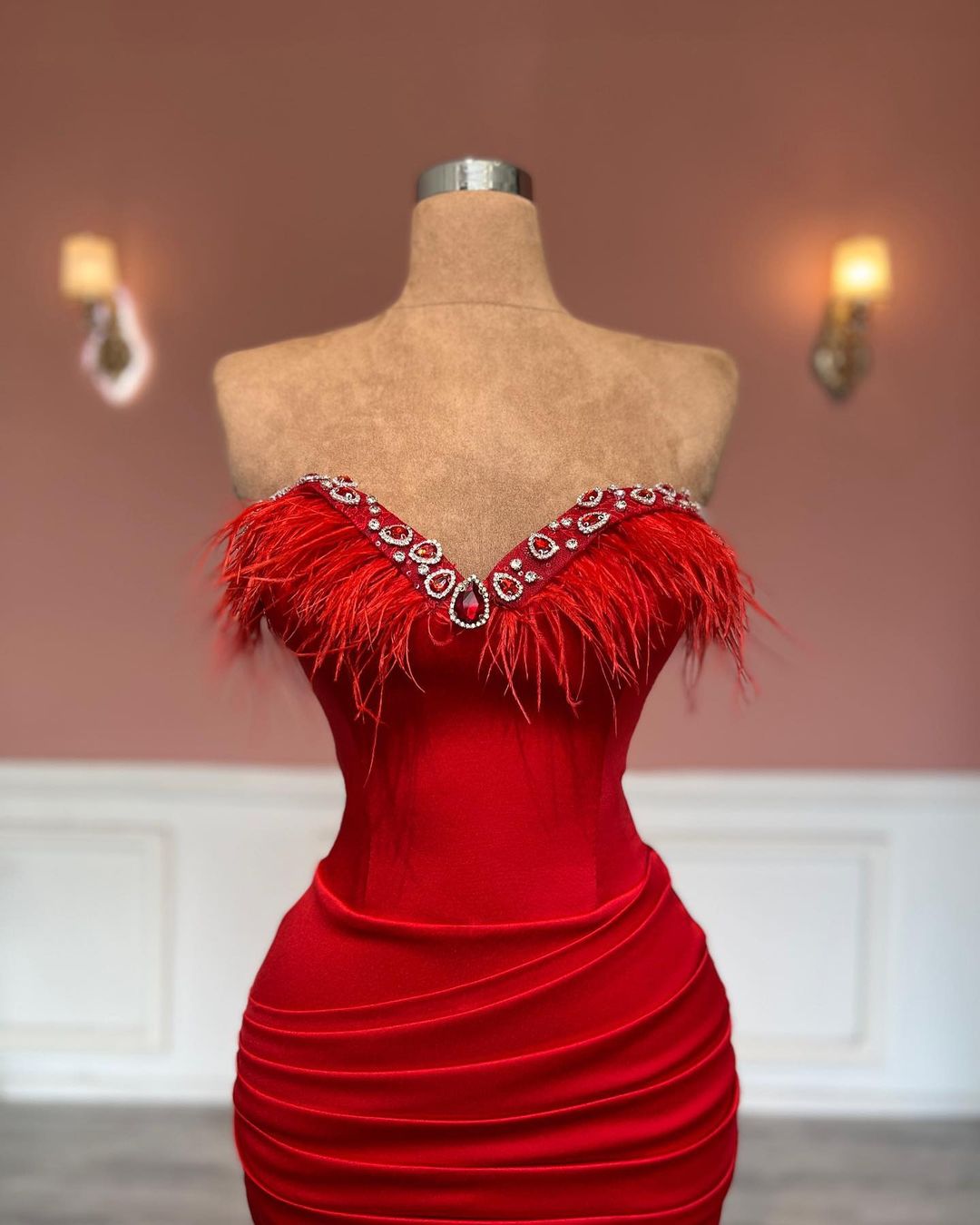 Gorgeous Long Red Column Sweetheart Jewels Prom Dress With Feathers