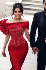 Gorgeous Long Red Mermaid Off-the-shoulder Sequined Beading Prom Dresses with Lace