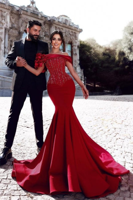 Gorgeous Long Red Mermaid Off the shoulder Sequined Beading Prom Dress misshow