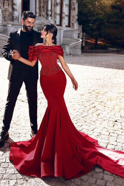 Gorgeous Long Red Mermaid Off-the-shoulder Sequined Beading Prom Dresses with Lace