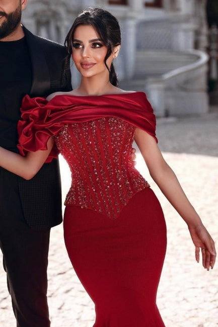 Gorgeous Long Red Mermaid Off-the-shoulder Sequined Beading Prom Dresses with Lace