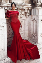 Gorgeous Long Red Mermaid Off-the-shoulder Sequined Beading Prom Dresses with Lace