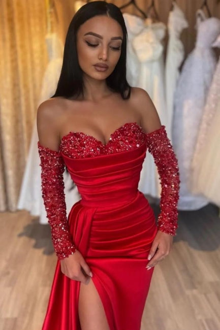 Gorgeous Long Red Mermaid Sweetheart Sequined Beading Long Sleeves Prom Dress with Slit