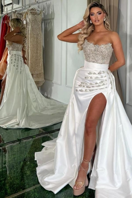 Gorgeous Long White A-line Strapless Jewel Prom Dress With Slit