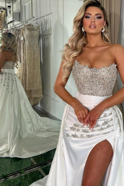 Gorgeous Long White A-line Strapless Jewel Prom Dress With Slit