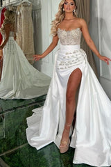 Gorgeous Long White A-line Strapless Jewel Prom Dress With Slit