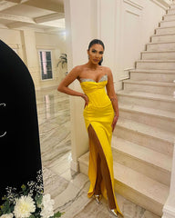 Gorgeous Long Yellow Strapless Mermaid Jewels Floor-Length Prom Dress With Slit