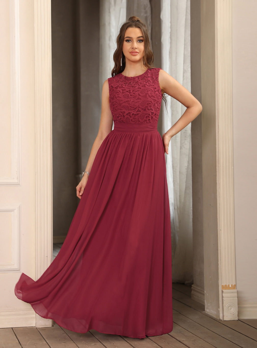 Gorgeous Sheath Crew Sleeveless Lace Top Chiffon Floor Length Dresses