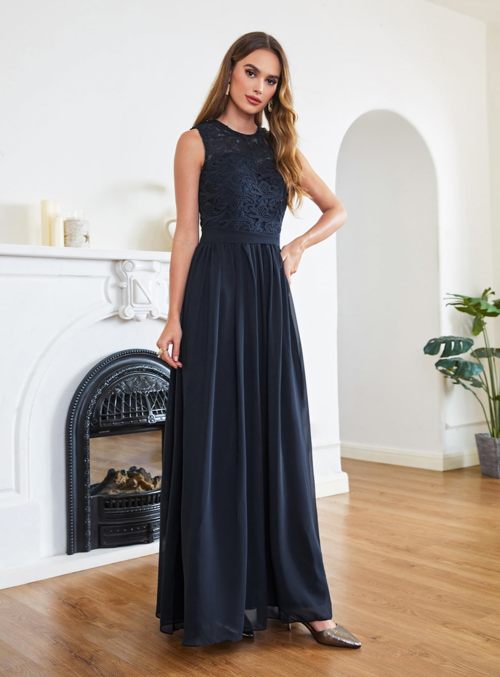 Gorgeous Sheath Crew Sleeveless Lace Top Chiffon Floor Length Dresses