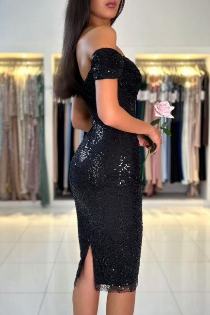 Gorgeous Short Black Off-the-shoulder Cocktail Dresses With Glitter