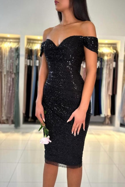 Gorgeous Short Black Off-the-shoulder Cocktail Dresses With Glitter