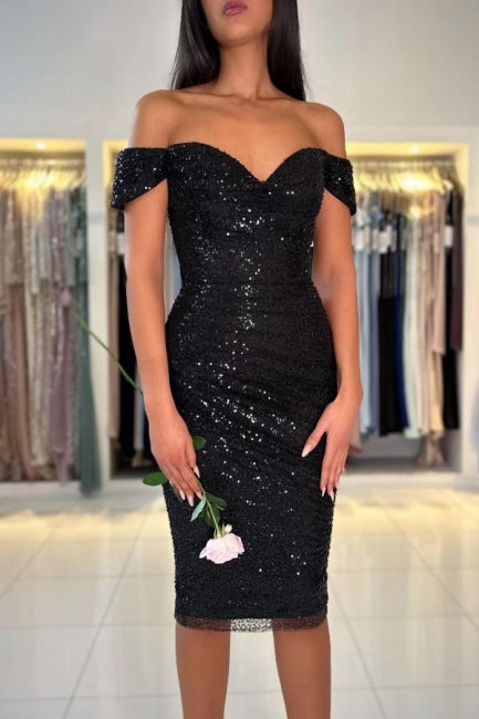 Gorgeous Short Black Off-the-shoulder Cocktail Dresses With Glitter