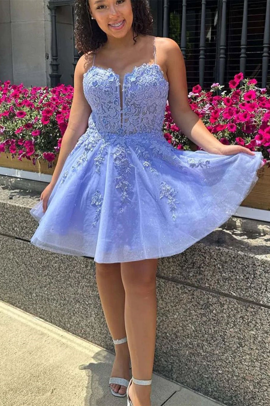 Gorgeous Short Spaghetti straps Lace Glitter Sleeveless Homecoming Dress