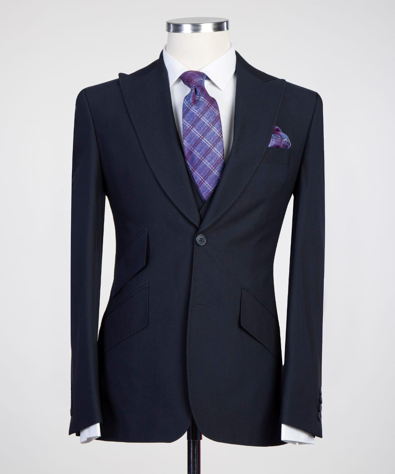 Graham Stylish Dark Navy Three-Piece Peak Lapel Men’s Suits