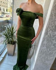 Green Mermaid Off the Shoulder Flowers Stain Prom Dress with Ruffles