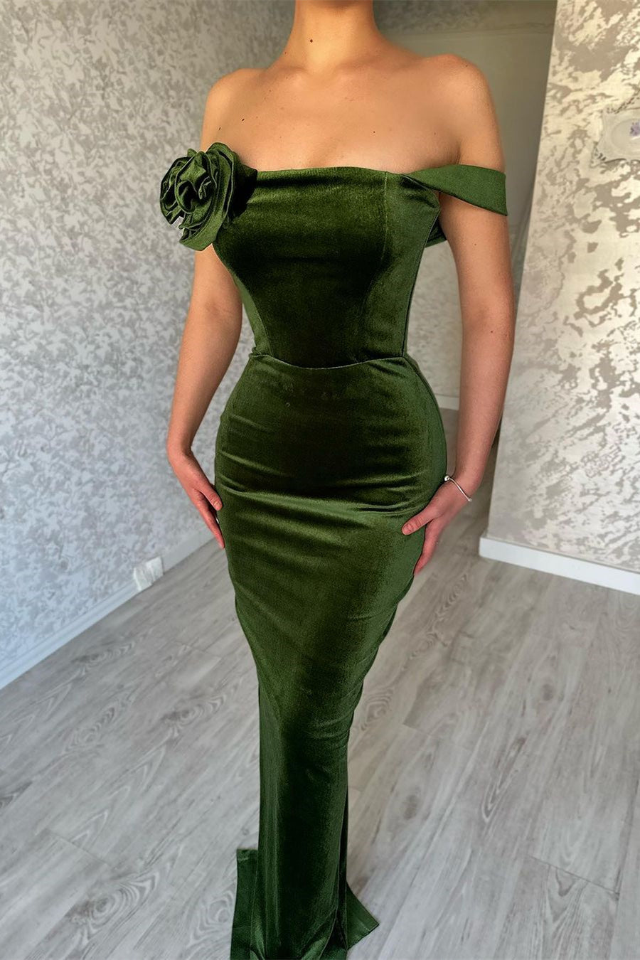 Green Mermaid Off the Shoulder Flowers Stain Prom Dress with Ruffles