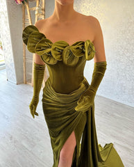 Green One Shoulder Strapless Ruffles Prom Dress with Split