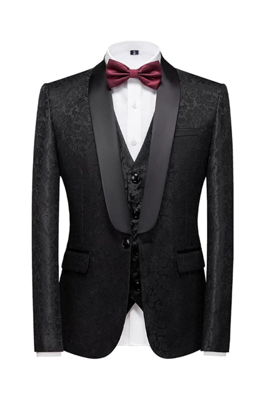 Gregary Luxurious Black Jacquard Shawl Collar Three-Piece Groom's Suit