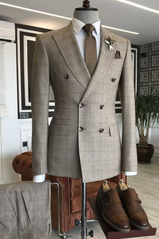 Grover Formal Light Brown Plaid Double Breasted Peaked Lapel Business Suit