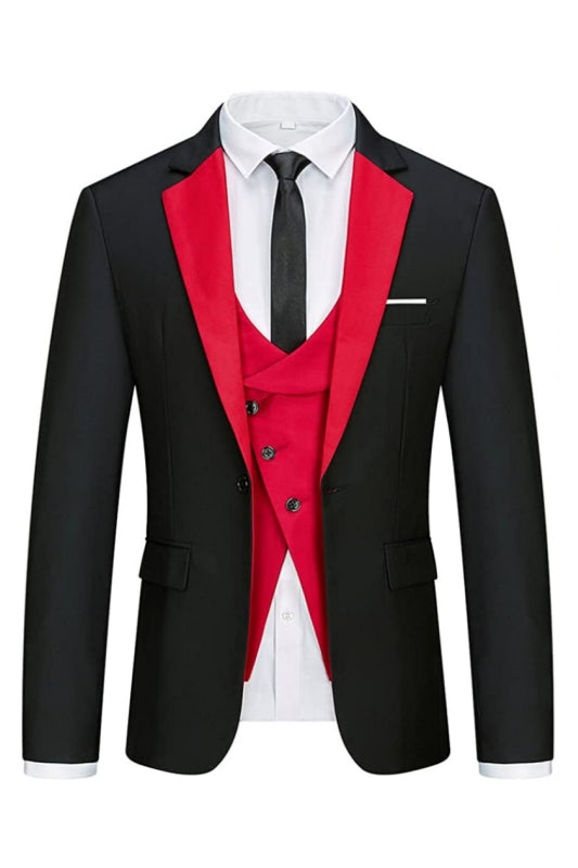 Grover Trendy Black And Crimson Notched Lapel Men's Prom Suit