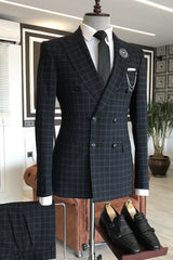 Gustave Simple Black Double-Breasted Peaked Lapel Business Suit with Gray Plaid