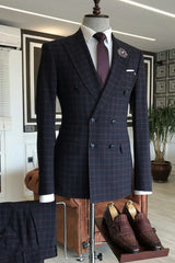 Guy Latest Black Double Breasted Peaked Lapel Business Suit with Red Plaid