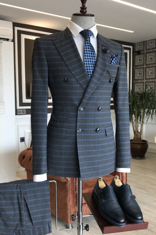 Haley Stylish Navy Blue Plaid Double-Breasted Peaked Lapel Business Suit