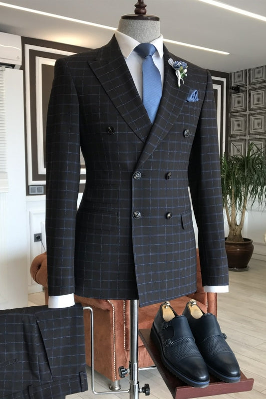 Hamilton Slim Fit Black Double Breasted Peaked Lapel Business Suit with Blue Plaid