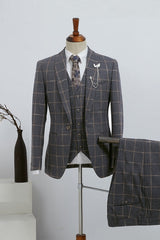 Harian Chic Gray Shawl Lapel Three-Piece Plaid Prom Suit