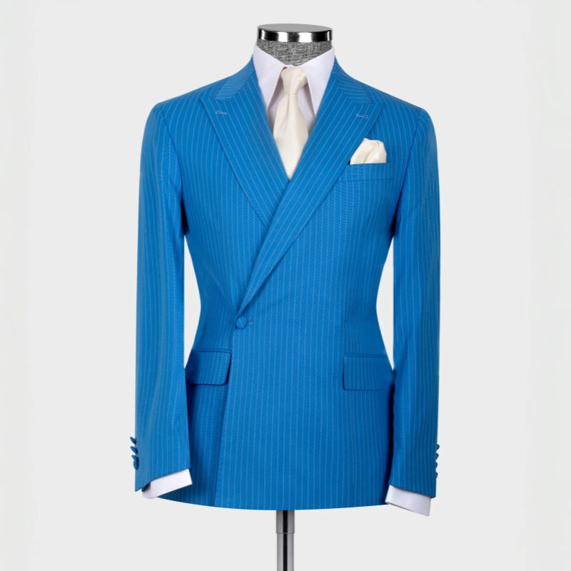 Harley Elegant Blue Striped Peaked Lapel Bespoke Prom Suit for Men