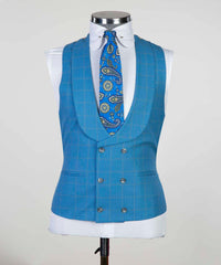 Harold Blue Plaid Three-Piece Peak Lapel Business Men’s Suits