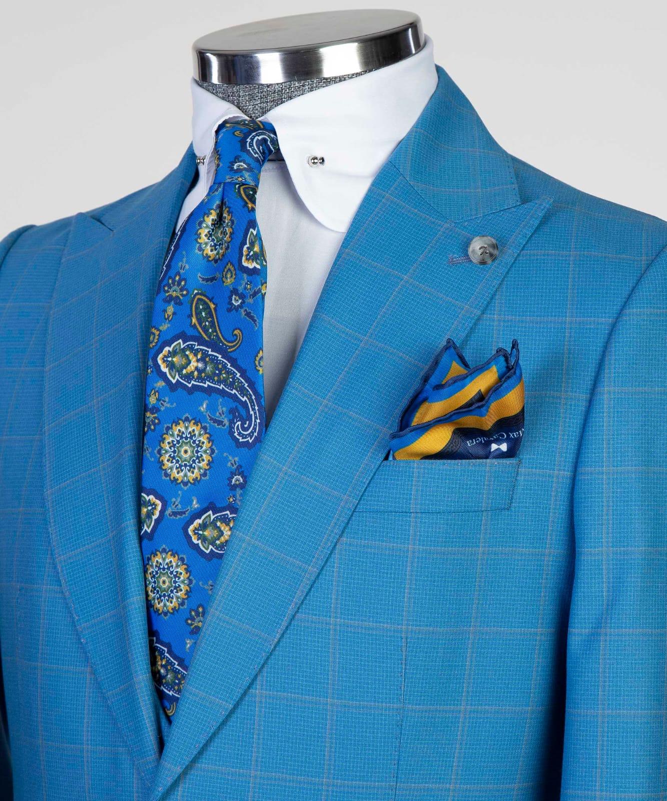 Harold Blue Plaid Three-Piece Peak Lapel Business Men’s Suits